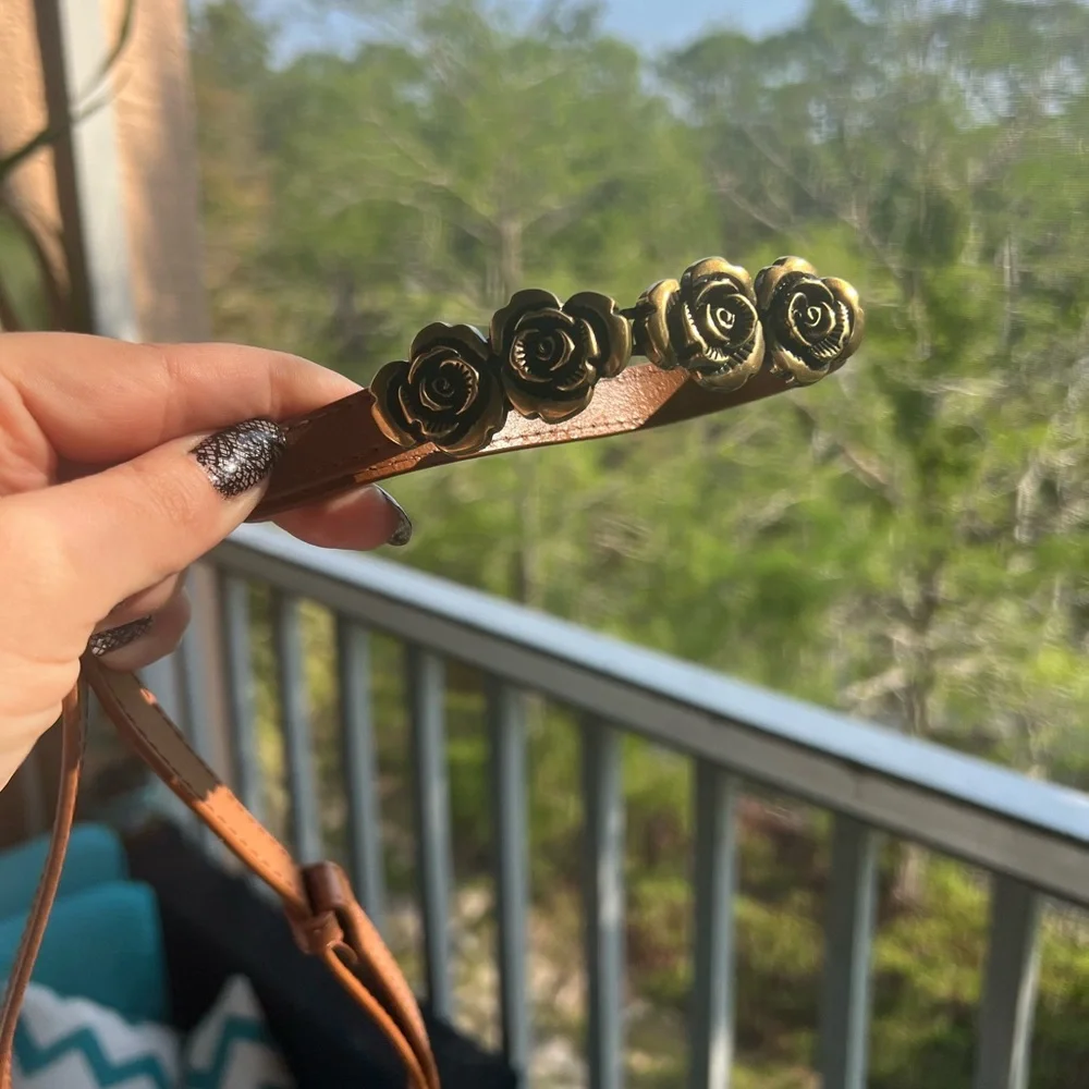 Brown Leather Adjustable Belt with Antique Gold Rose Buckle